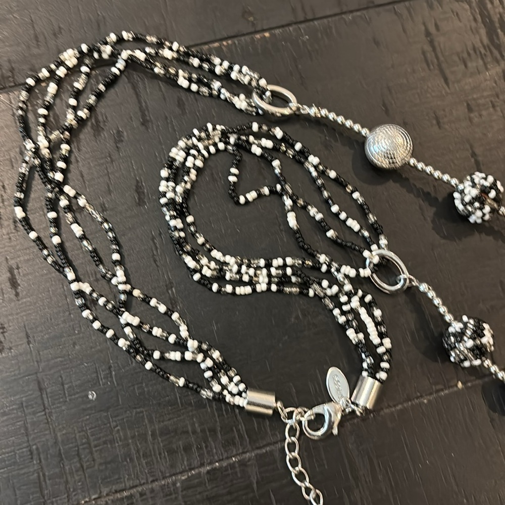 Chico’s Black White Seed Bead Beaded Silver Tone Long Necklace